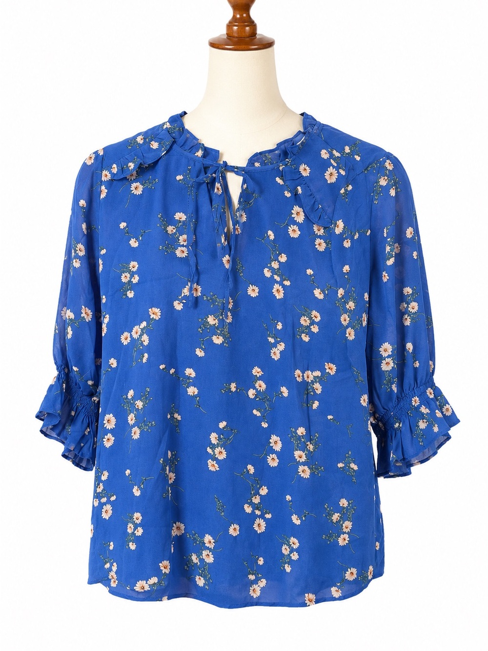CeCe Women's Blue Floral Tie-Neck Blouse
